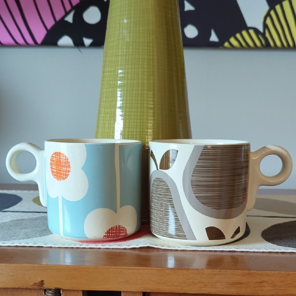 Stylish Orla Kiely Ceramic Mugs - Blue and Brown Set Of 2